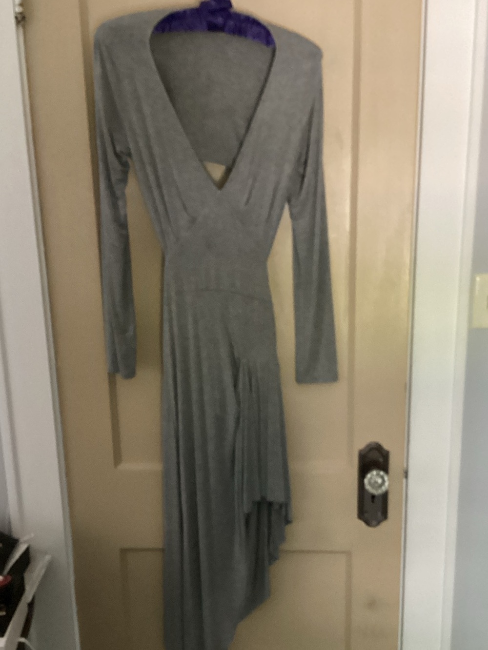 Grey Long Sleeve Open Back Asymmetrical Wrap Dress